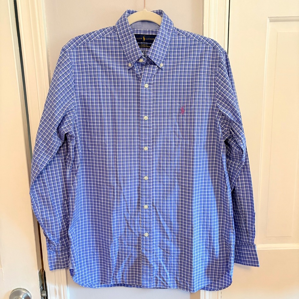 Ralph Lauren Mens Medium Button Down Shirt Blue Pink Plaid Classic Fit Stretch